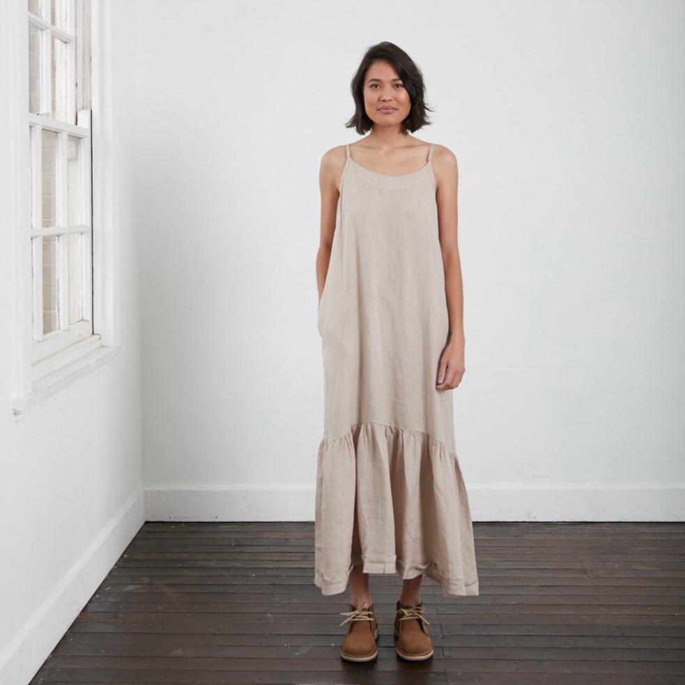 Womens Natural Linen Maxi Dress Raw with Hem The Dressing Room NZ