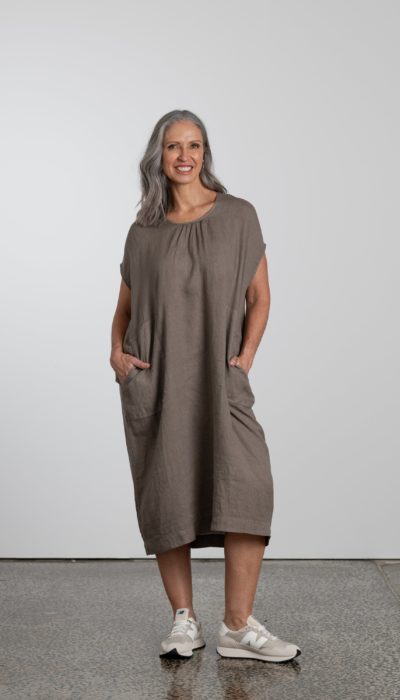 Natural Linen Short Sleeve Shift Dress with Gathered Neckline