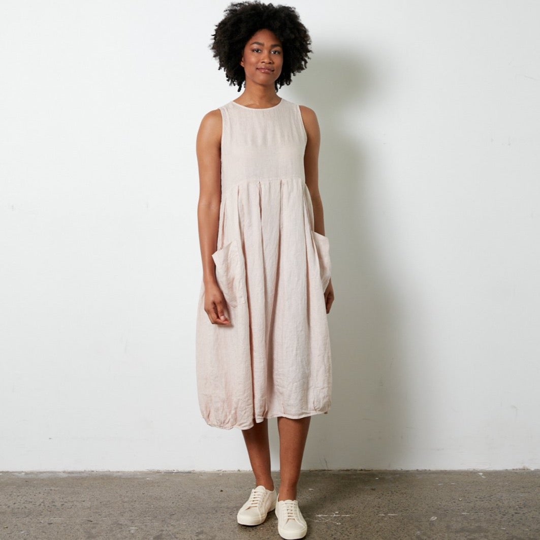 Natural Linen Sleeveless Dress with Box Pleats and Pockets