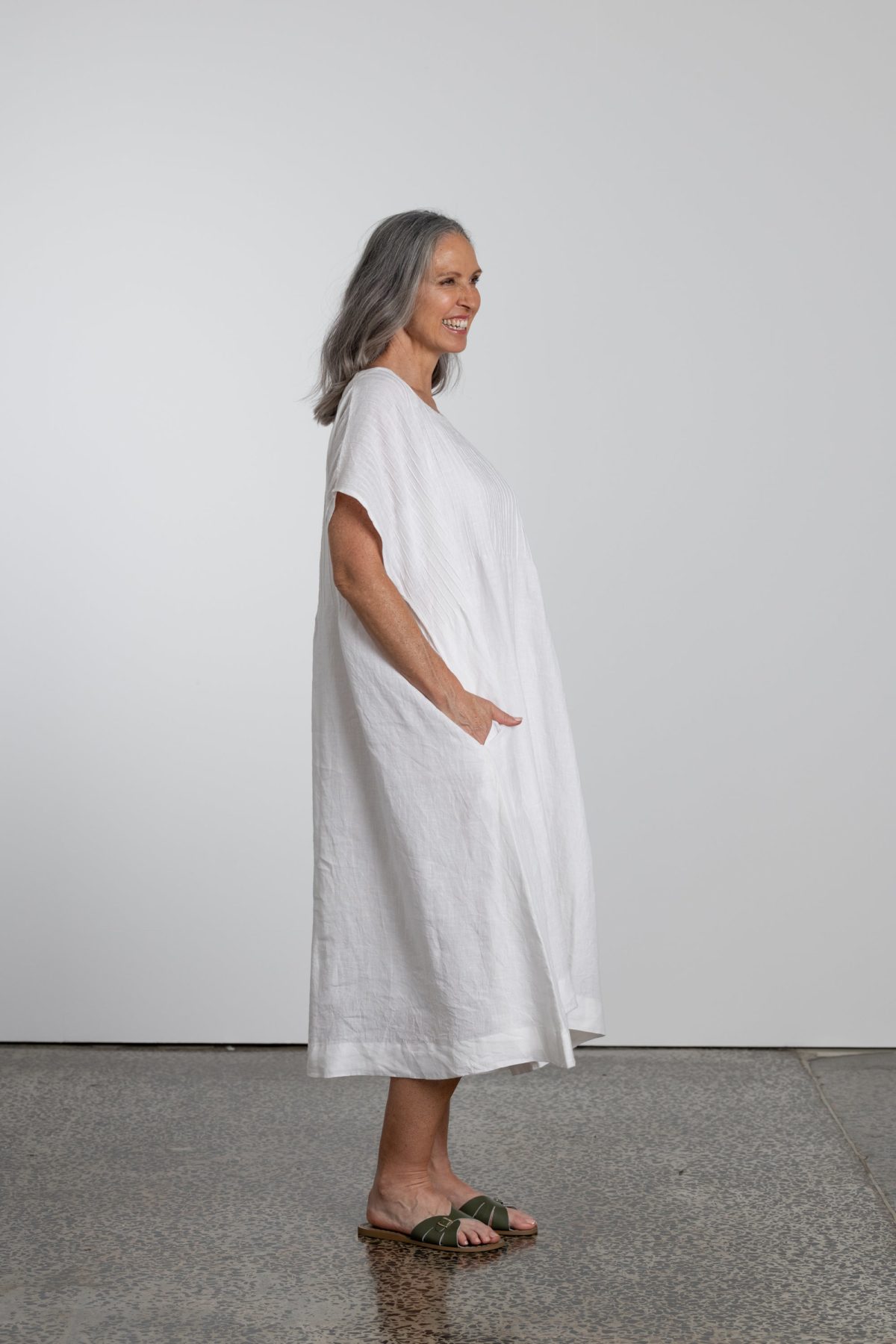 Natural Linen Pintuck Dress in White
