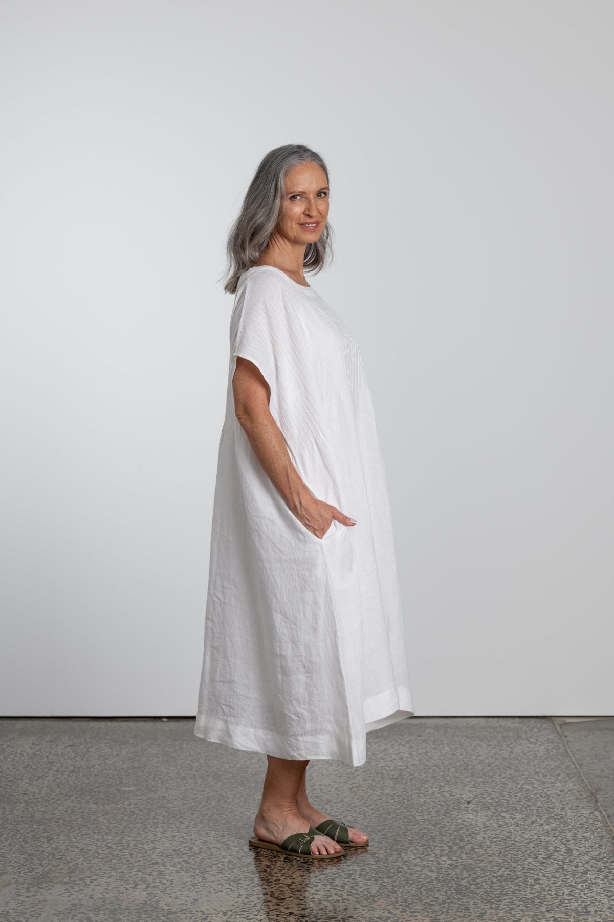Natural Linen Pintuck Dress in White 3