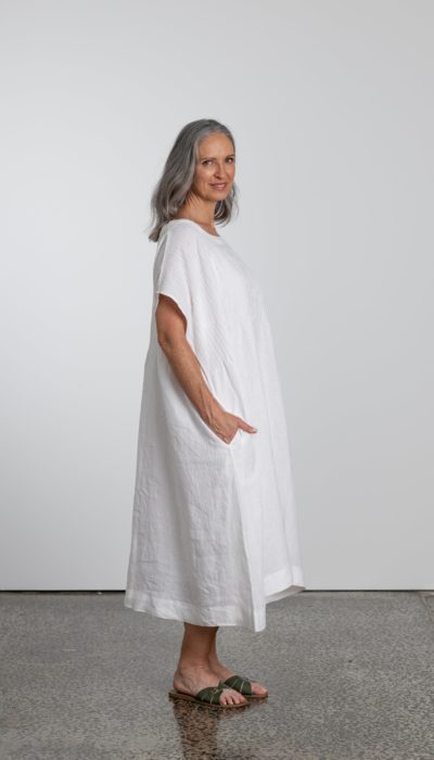 Natural Linen Pintuck Dress in White 3