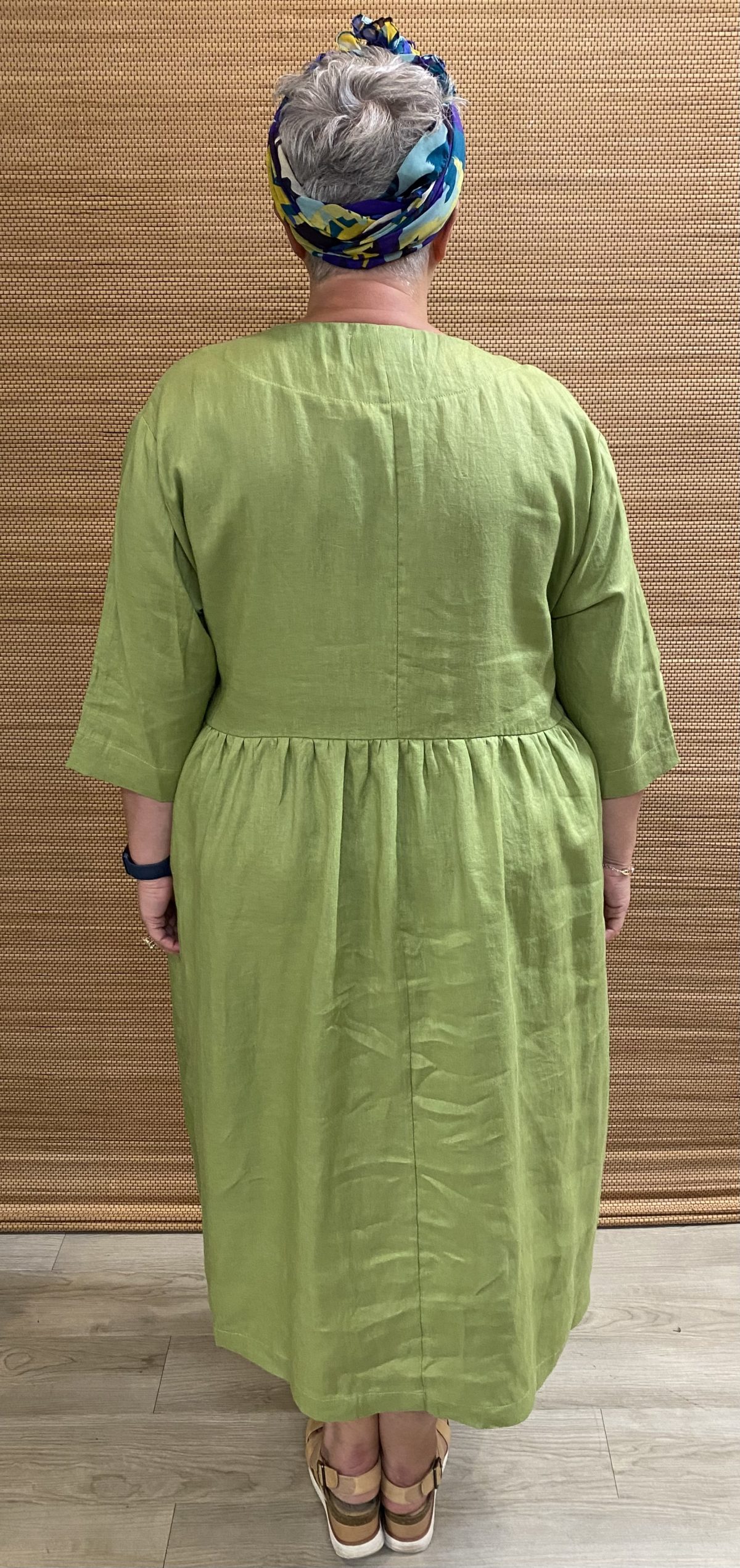 Women's Natural Linen Ruffle Neck Dress in Avocado Green