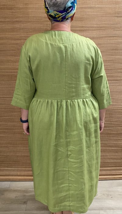 Women's Natural Linen Ruffle Neck Dress in Avocado Green