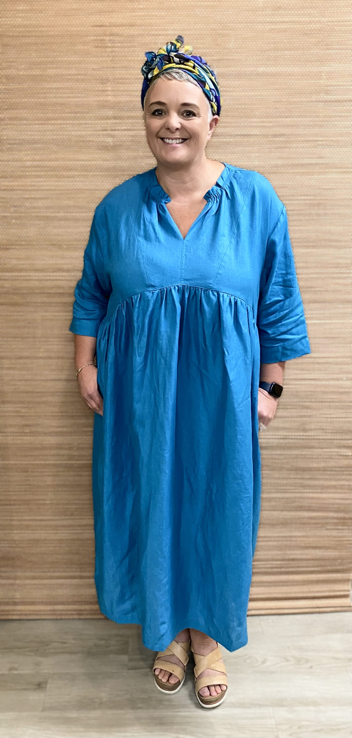 Women's Natural Linen Ruffle Neck Dress in Teal Blue