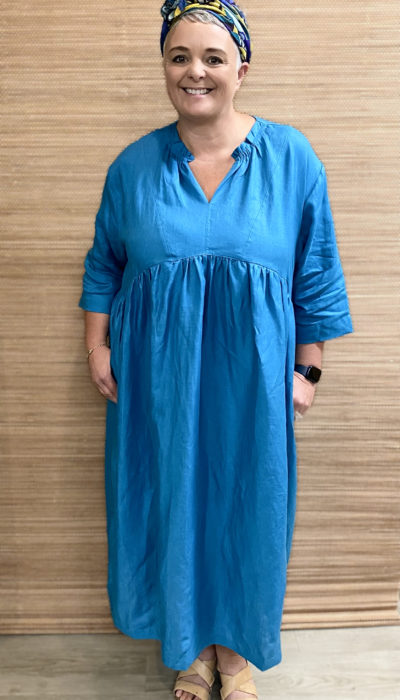 Women's Natural Linen Ruffle Neck Dress in Teal Blue