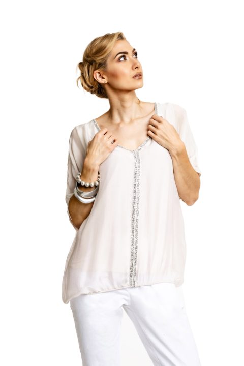 Women's Natural Silk Short Sleeve Top with Sequin Detail