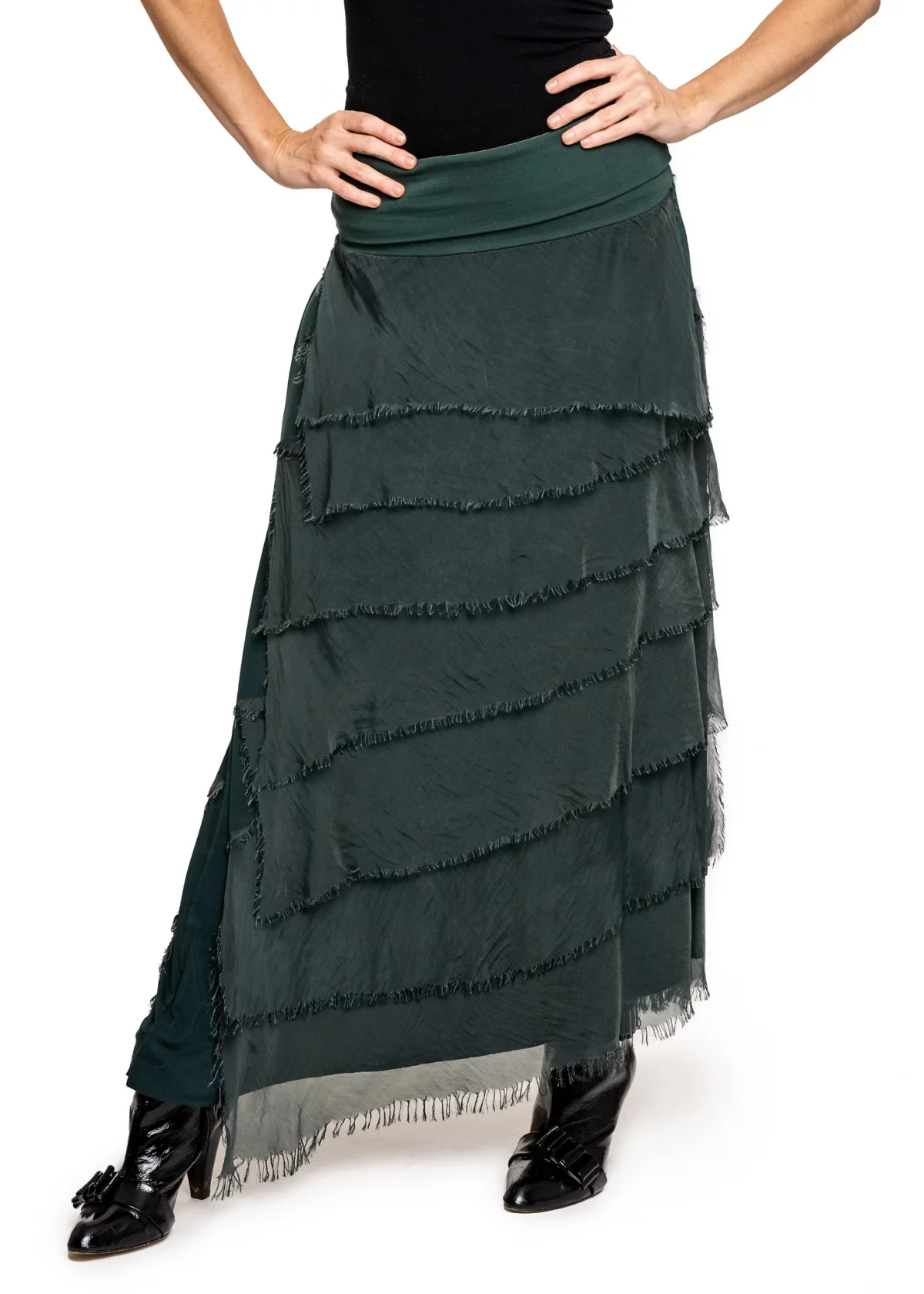 Women's Natural Silk Tiered Skirt Verde