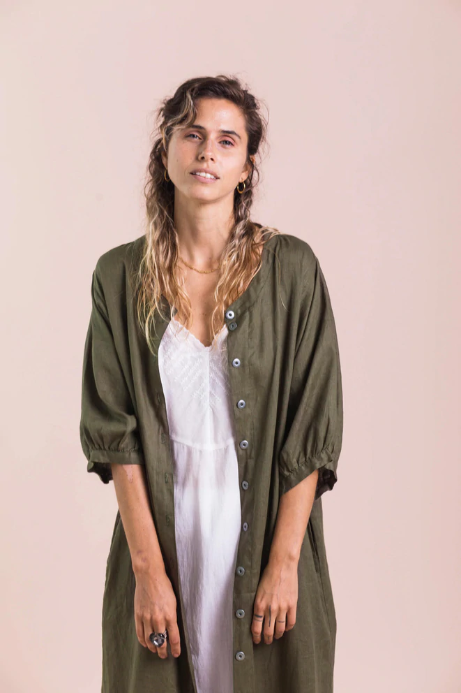 Women's Natural Linen Button Up Shirt Dress in Olive