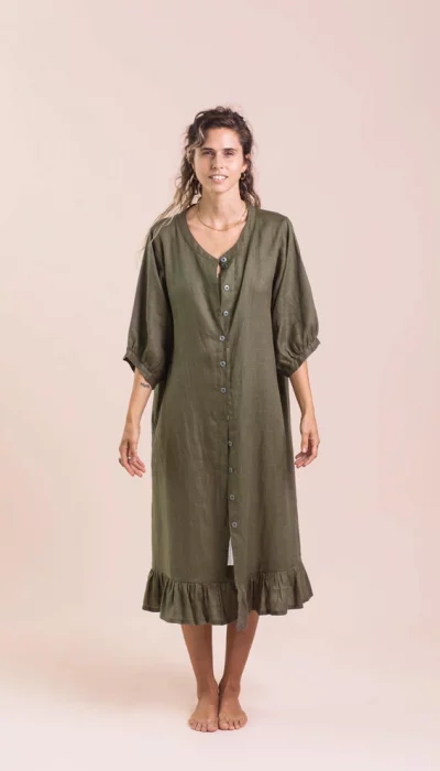 Women's Natural Linen Button Up Shirt Dress in Olive