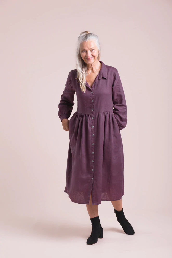 Women's Natural Linen Long Sleeve Shirt Dress in Fig