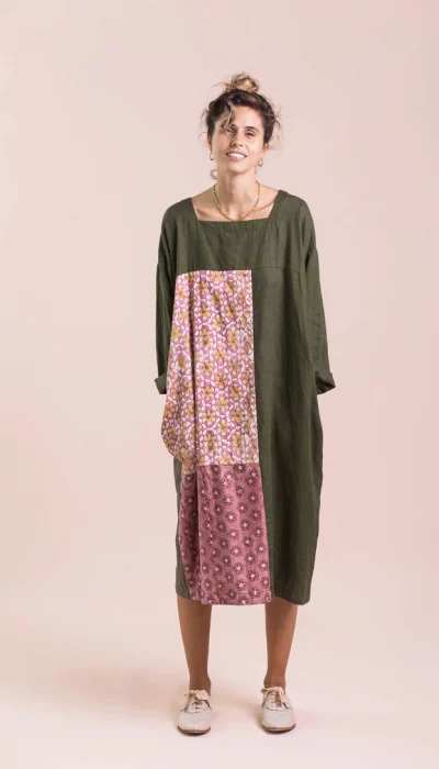 Womens-Natural-Linen-Oversized-Patchwork-Dress