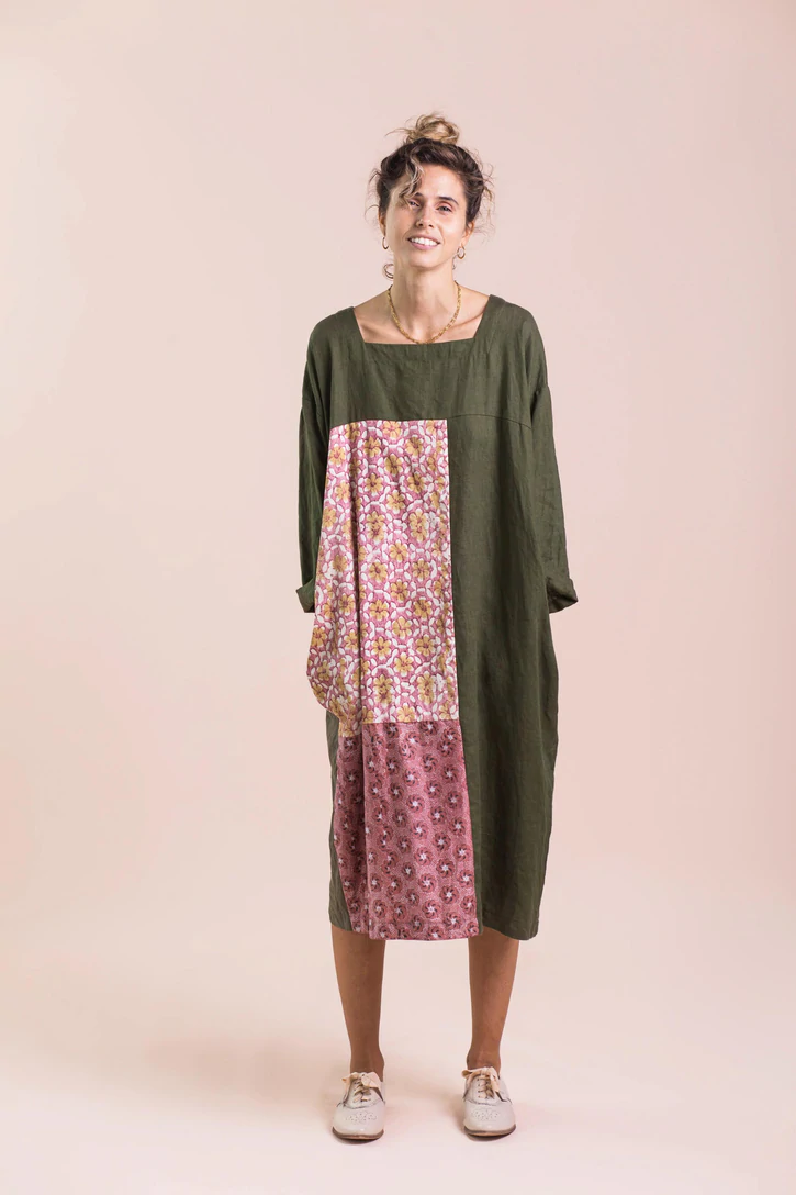 Womens-Natural-Linen-Oversized-Patchwork-Dress