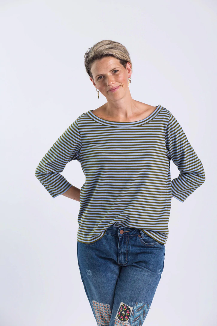 Women's Organic Cotton Long Sleeve Tshirt Blue Olive Stripe