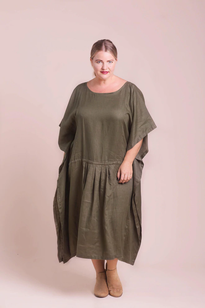Women's Natural Linen Kaftan Dress in Olive