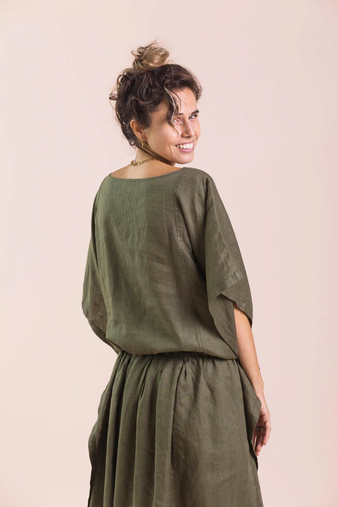 Women's Natural Linen Kaftan Dress in Olive