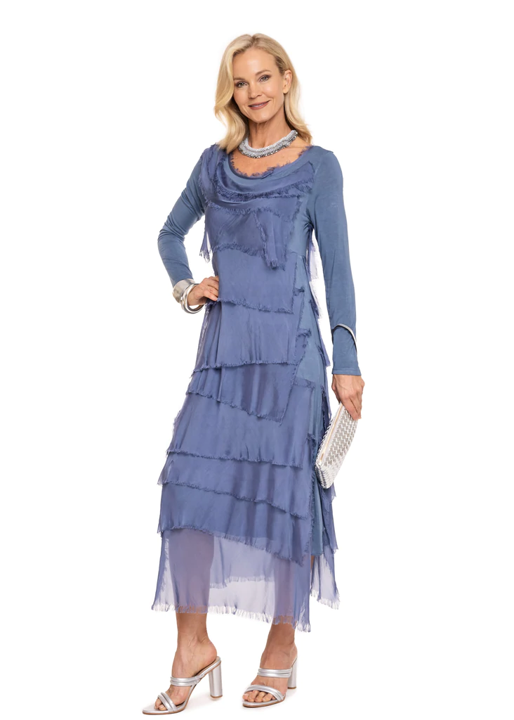 Women's Natural Silk Tiered Long Sleeve Dress in Denim Blue