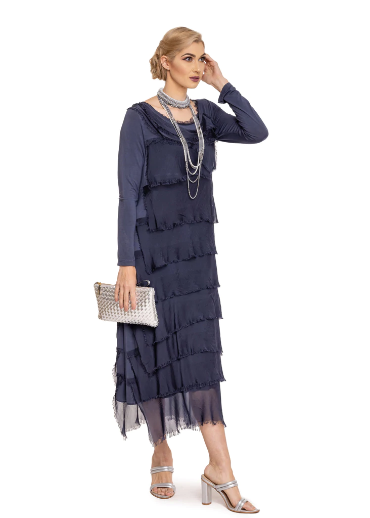 Women's Natural Silk Tiered Long Sleeve Dress in French Navy